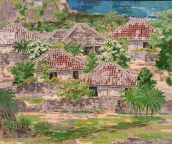 洋画《赤瓦のある島の集落》平野 行雄